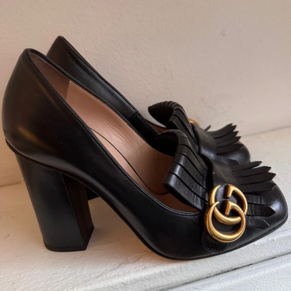 Gucci Marmont Fringe Block Heel Pumps, Size 37, Black - Picture 1 of 5